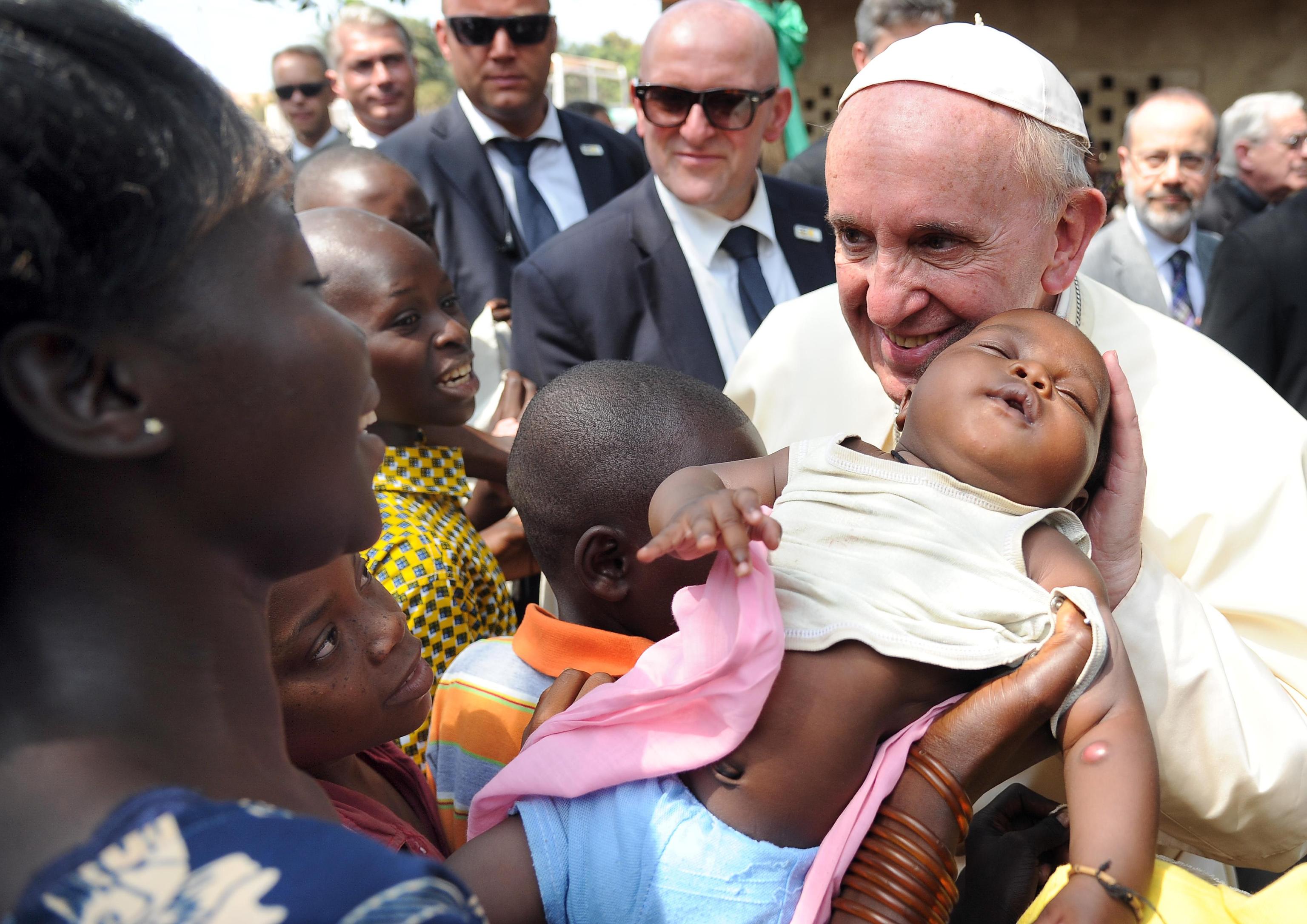 Pope Francis during his visit at the refugee camp of Saint-Sauveur in Bangui