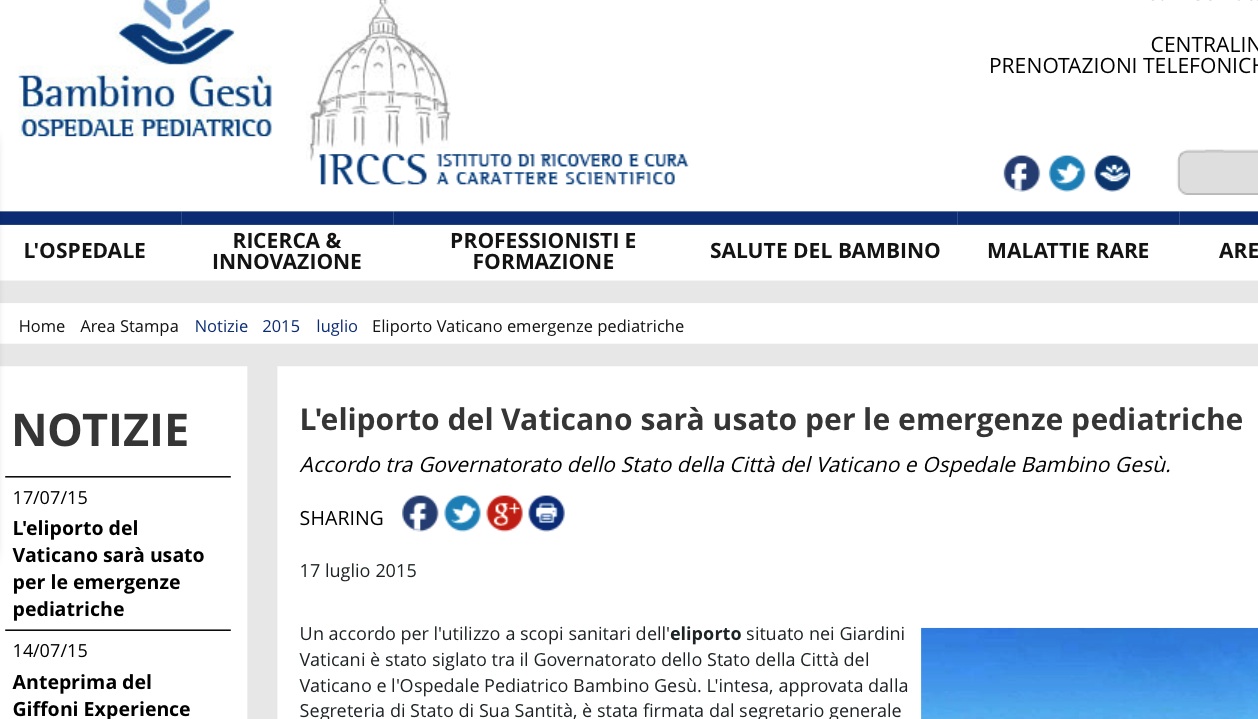Vatican heliport is a disposition of pediatric hospital Bambino Gesu'