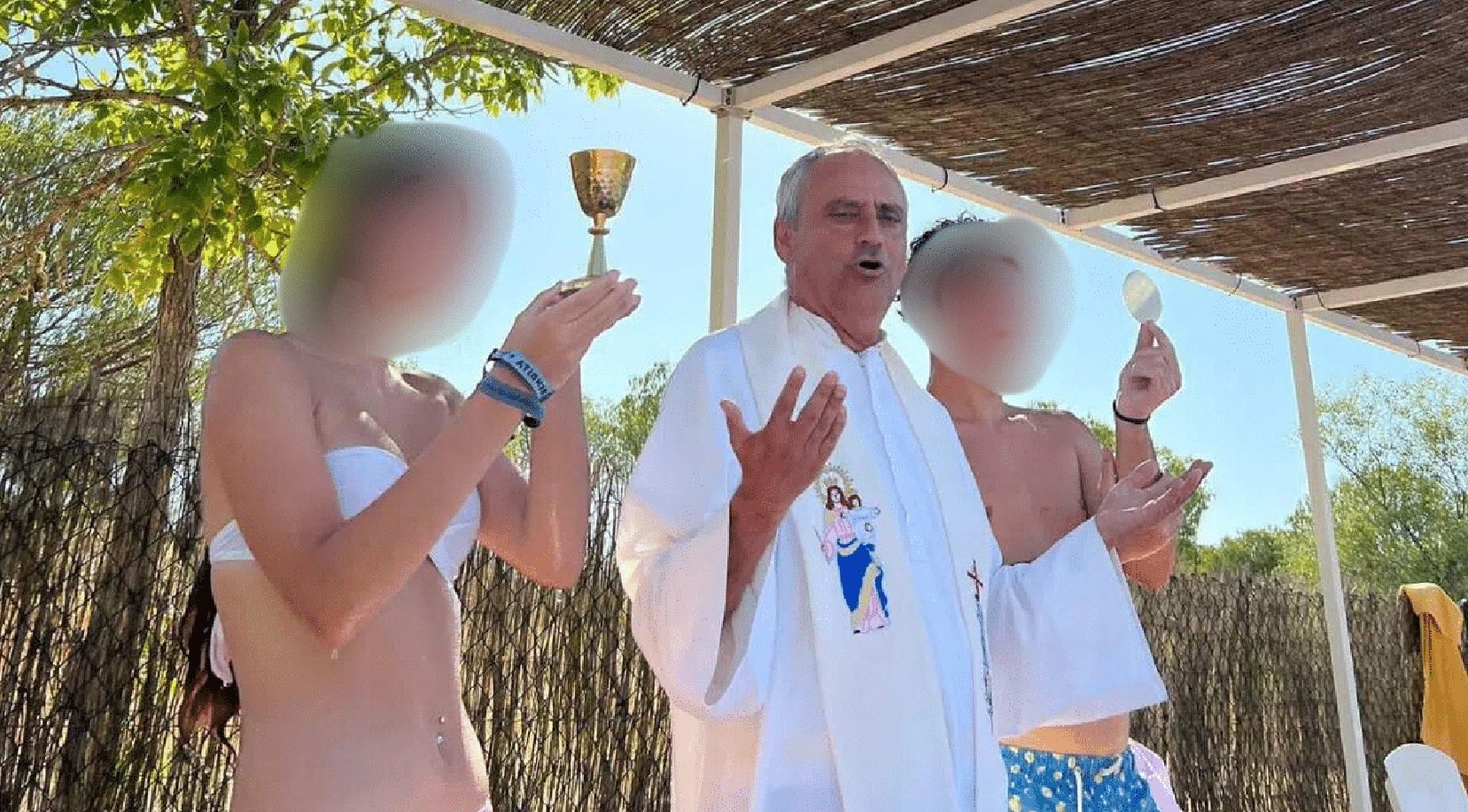 He invited a boy in a bathing suit and a girl in a bikini to elevate the Chalice and Consecrated Host during the most sacred moment of the Mass