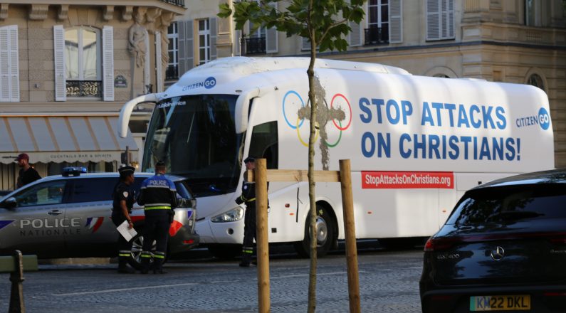 CitizenGO's campaign bus denouncing the mockery of Christians in the context of the Olympic Games