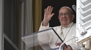 Pope Francis appeared from the window of the Apostolic Palace overlooking St. Peter's Square to pray the Angelus