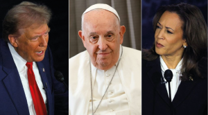 Donald Trump, Pope Francis and Kamala Harris Photo: Angelus News