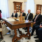 Pope Francis welcomed former Israeli Prime Minister Ehud Olmert and former Palestinian Foreign Minister Nasser Al-Kidwa at the Vatican